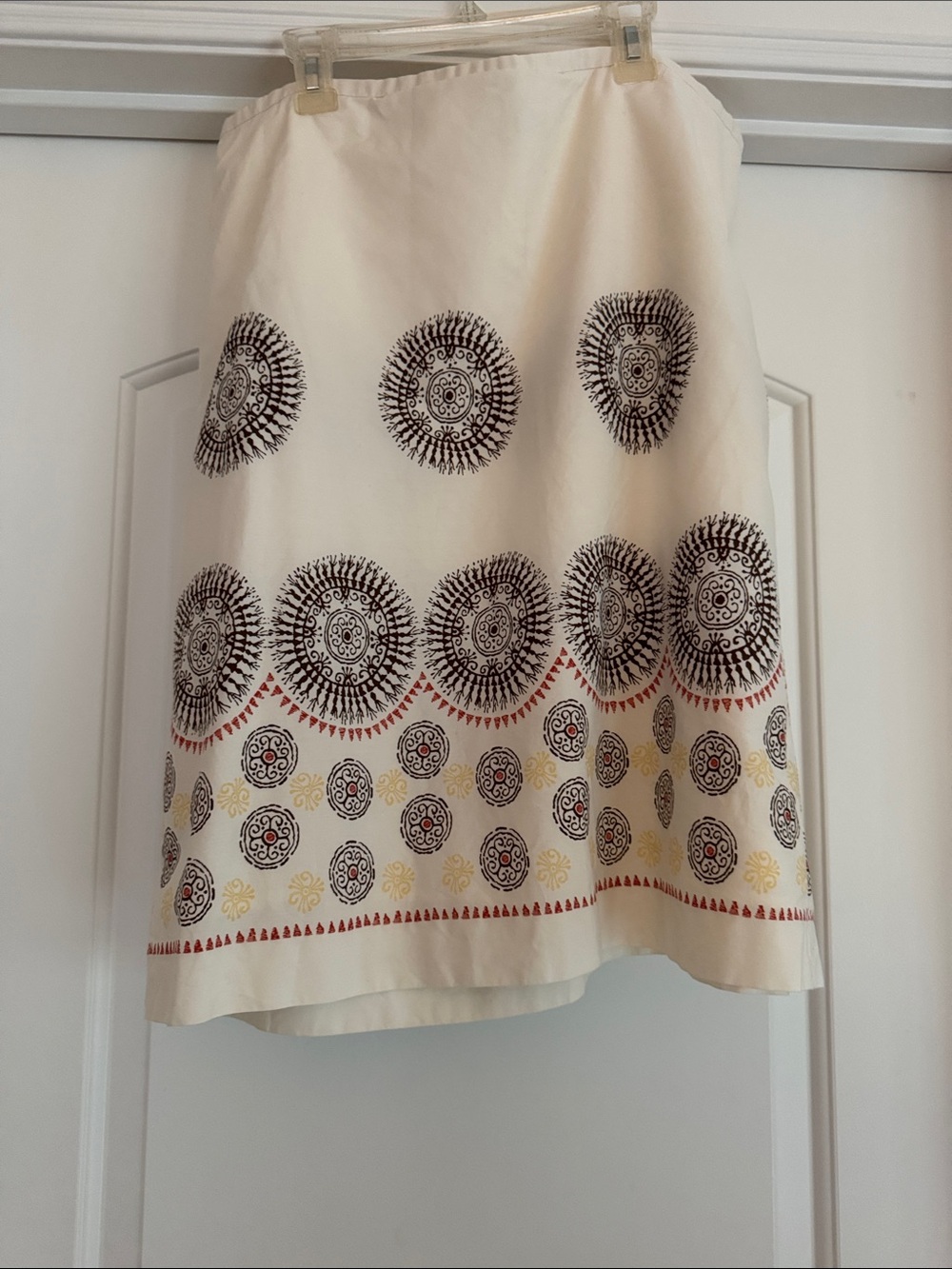 LOFT Cream A-Line Midi Skirt with Black and Gold Medallion Print